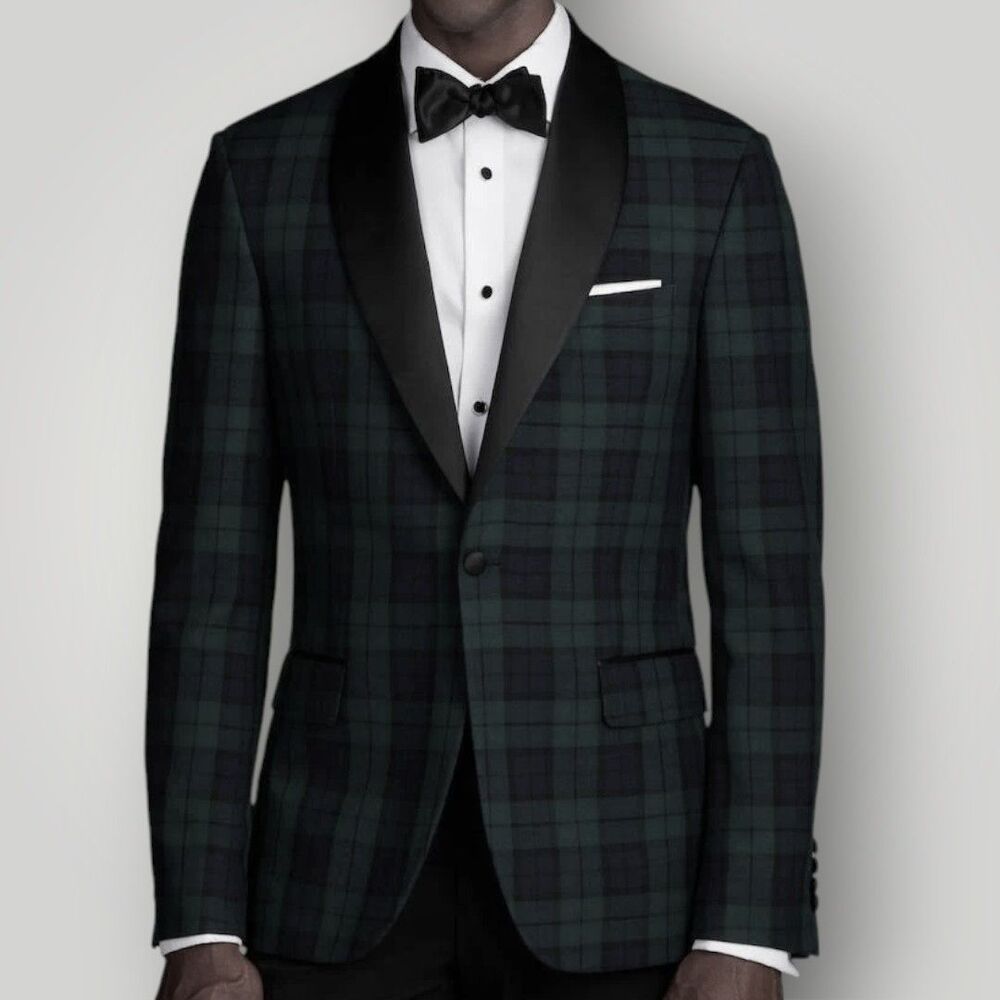JOS A BANK Tailored fit Mens Tuxedo Plaid Dinner Jacket 42R Wool Green/Black